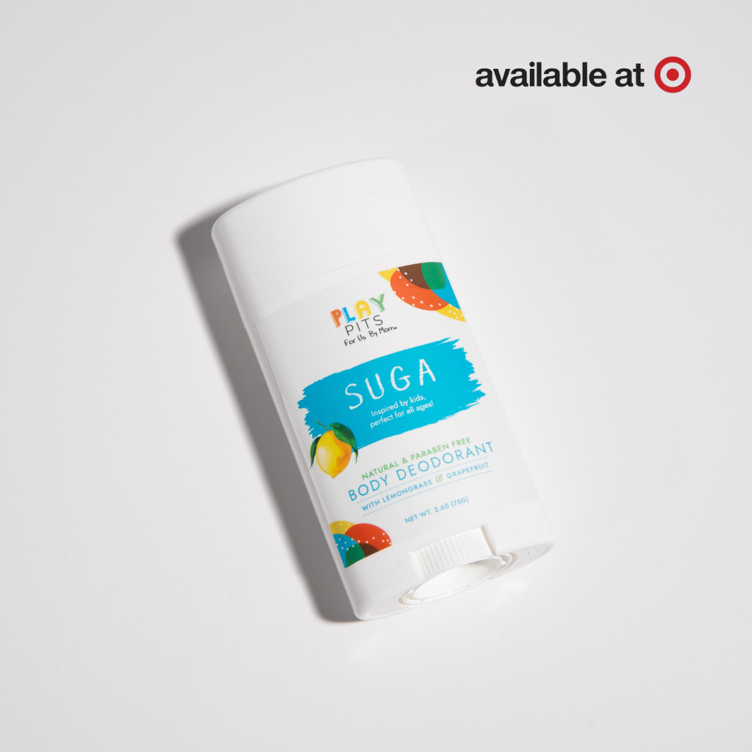 Play Pits SUGA kids deodorant, lemon and grapefruit scent, in bright yellow tube on white background