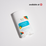 Play Pits SUGA kids deodorant, lemon and grapefruit scent, in bright yellow tube on white background